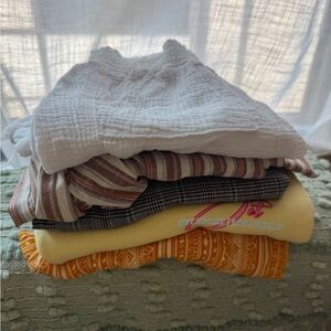 Assorted Clothing Bundle in White, Striped, Plaid, Yellow, and Orange Pants
